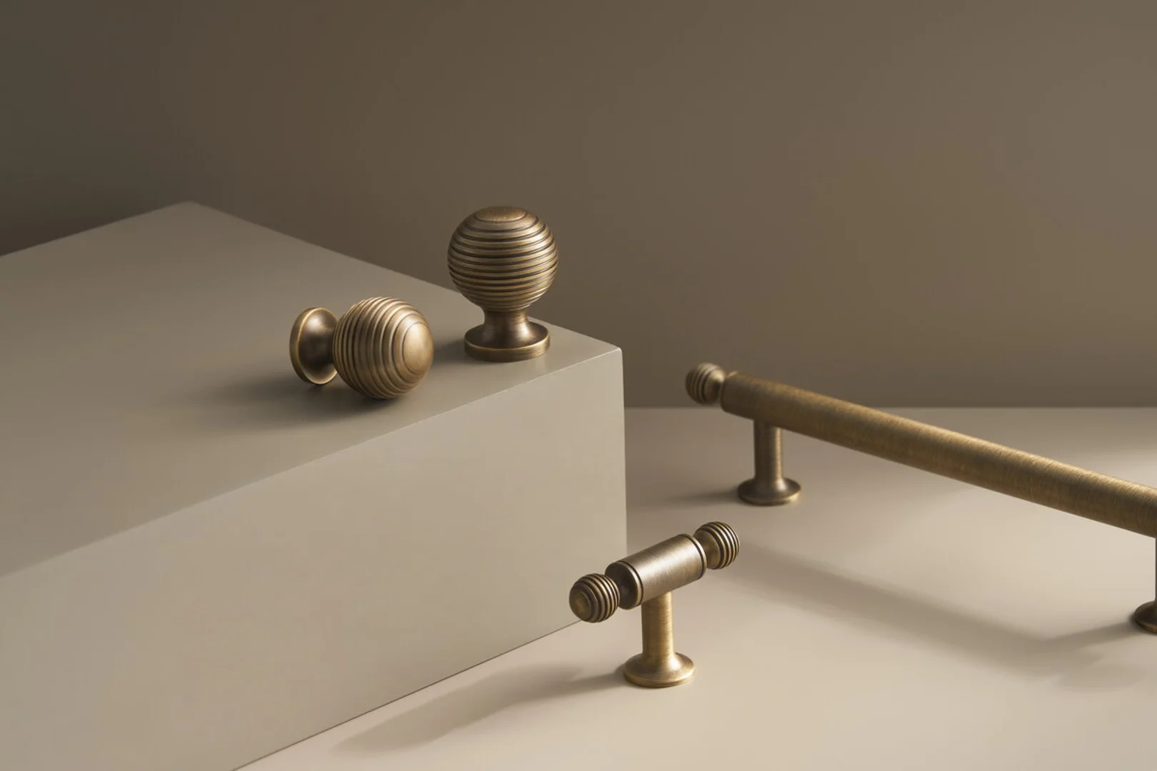 Antique brass hardware collection styled on pedestals