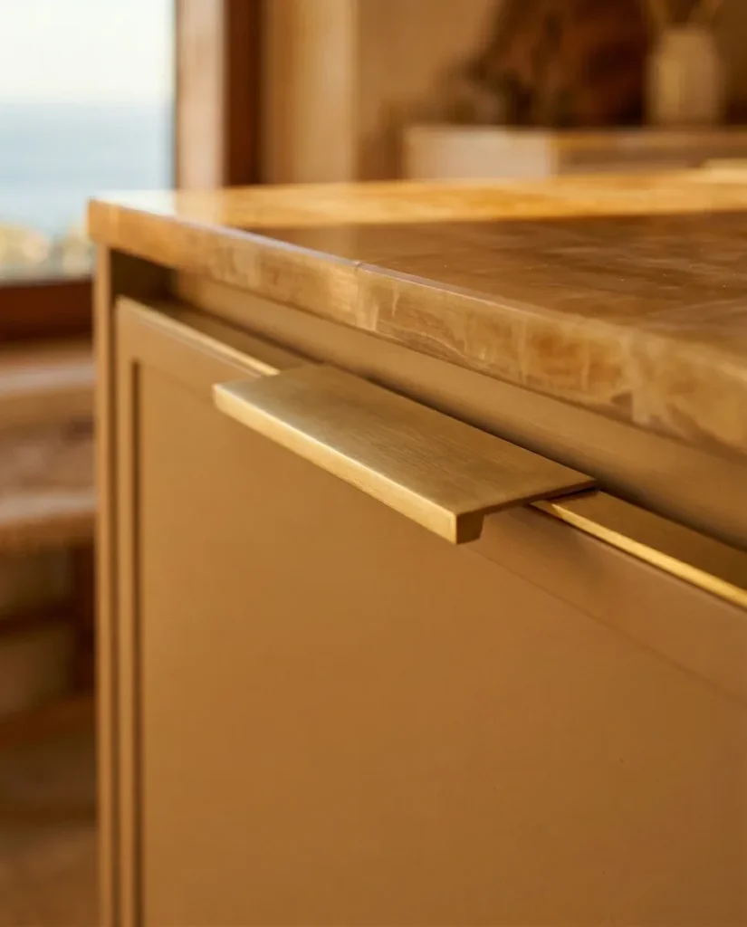 Satin brass edge pull on deep teal kitchen drawer
