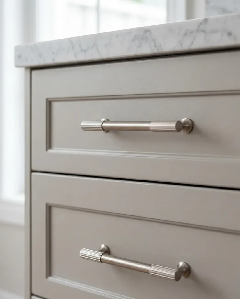 Satin nickel pull handles on kitchen drawers