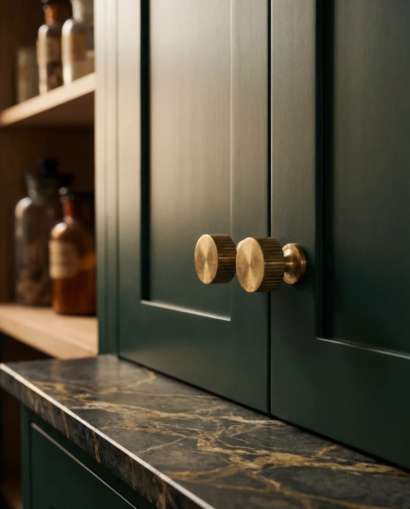 Unlacquered brass knobs on green kitchen cabinetry