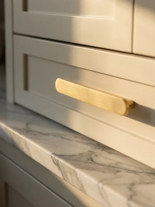 The Pemberton Edge Pull in Satin Brass on shaker drawer with marble countertop